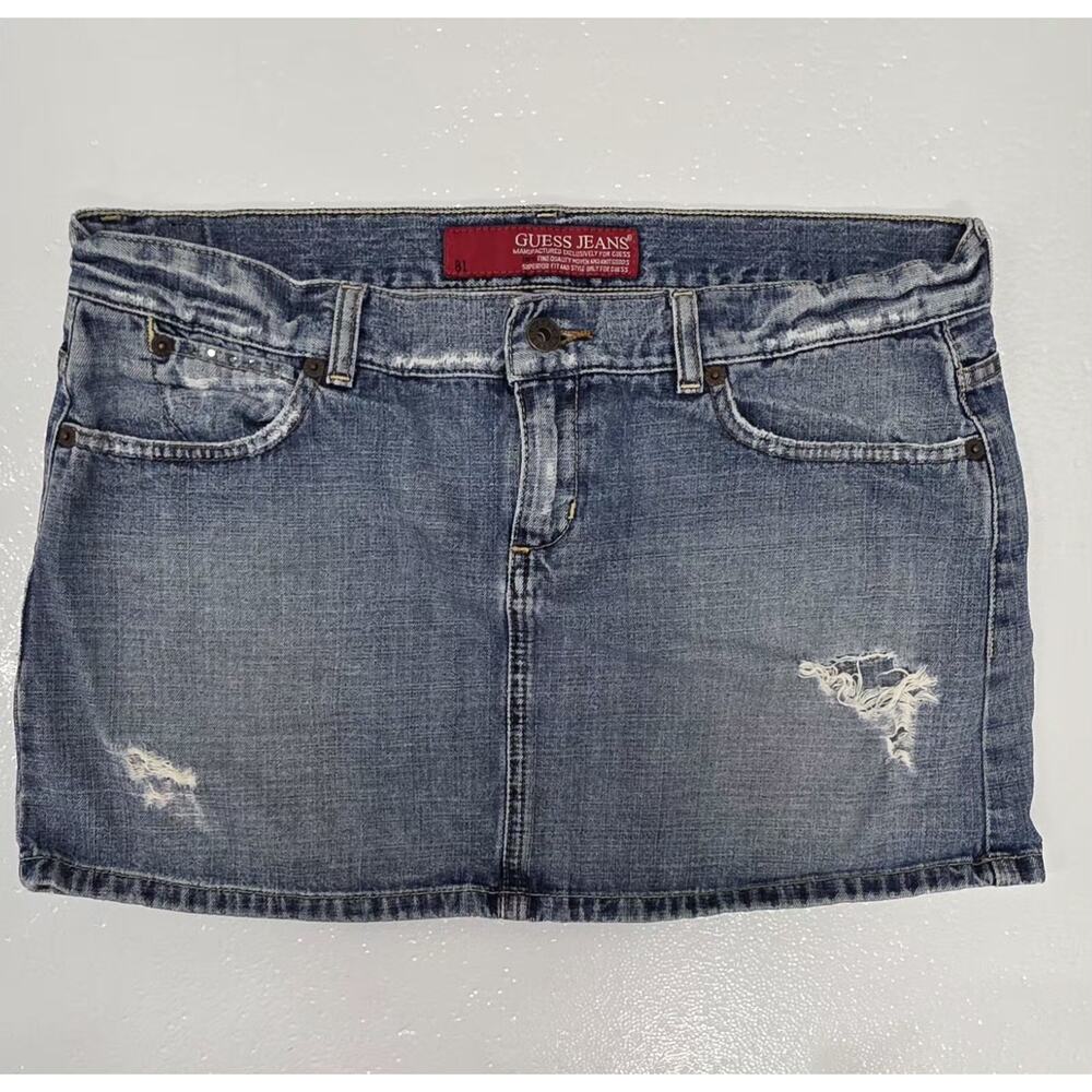 Guess Jeans Denim Skirt Vintage 90s Y2K Distressed Ripped Size 30